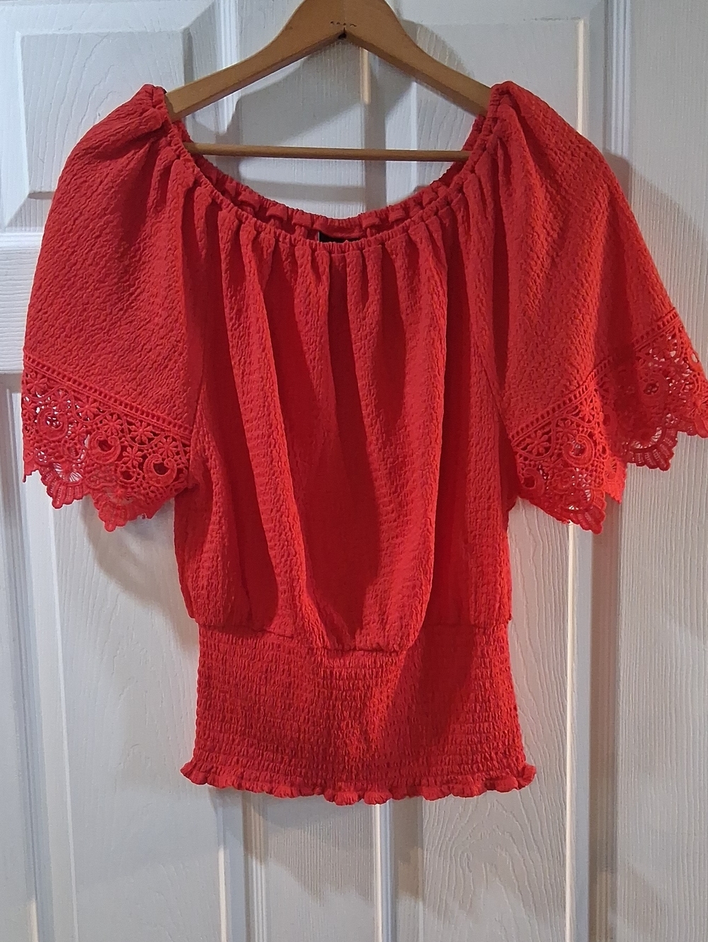 Daytrip Coral Off-Shoulder Crochet Sleeve Blouse